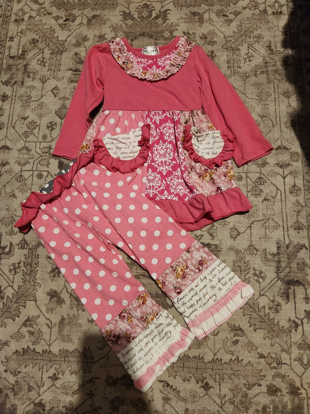 Girls Pink Ruffle Mix-Print Pajama Set